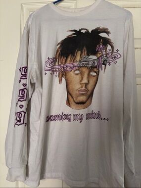 White Graphic Long-Sleeve Shirt with Purple Juice Wrld Artwork